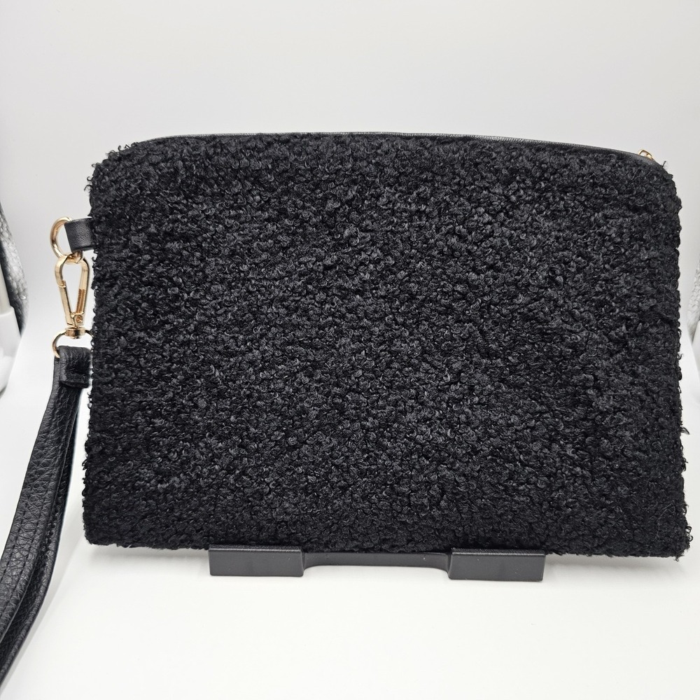 Virginia Wolf Black Sherpa Wristlet Clutch NWT